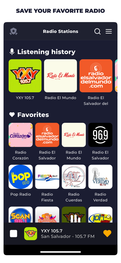 Radio El Salvador Live FM AM - Interfaz de la aplicación Radio El Salvador que muestra estaciones favoritas y el historial de escucha