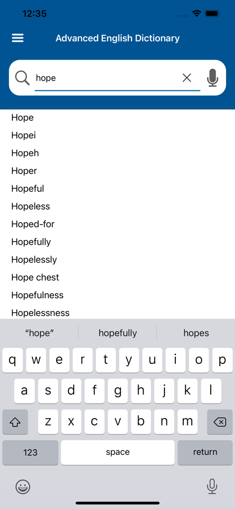 Search interface of Advanced English Dictionary app showing word suggestions for the term hope