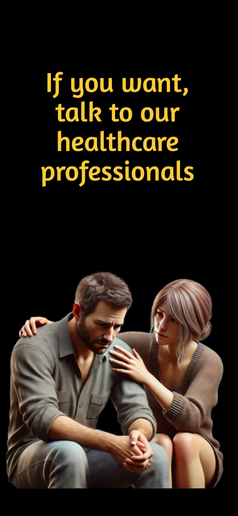 A woman comforting a man with text about talking to healthcare professionals for anger management support