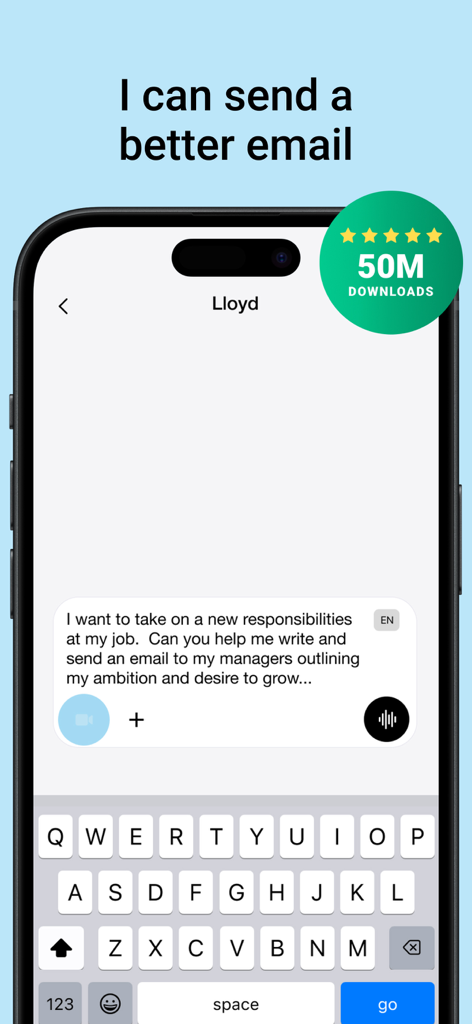 Lloyd - Your AI Superpower - Interfaz de la aplicación Lloyd AI que muestra una solicitud del usuario para ayudar a escribir un correo electrónico profesional