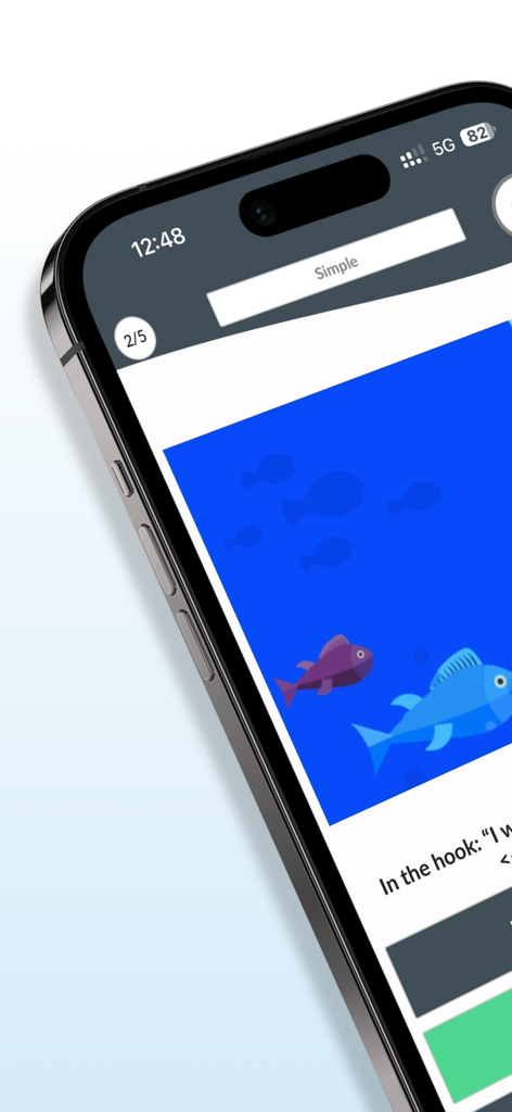 Atrivity app interface showing a micro learning quiz question with fish illustrations