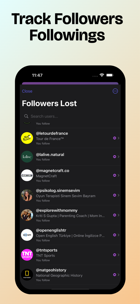 Reports+ Unfollowers Tracker - Un'interfaccia mobile che mostra un elenco di follower di Instagram persi nell'app Reports+ Unfollowers Tracker.