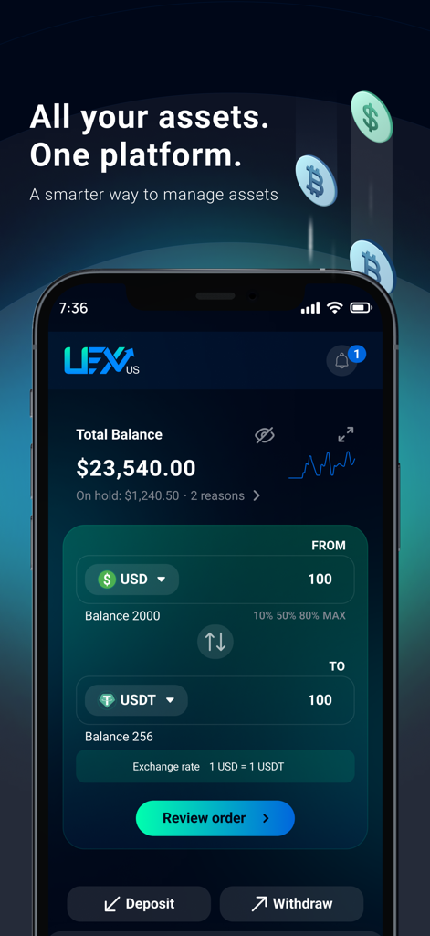 UEX.US - Panel de control de la aplicación móvil UEX.US que muestra un saldo total de activos y una interfaz de cambio de divisa para intercambiar USD a USDT.