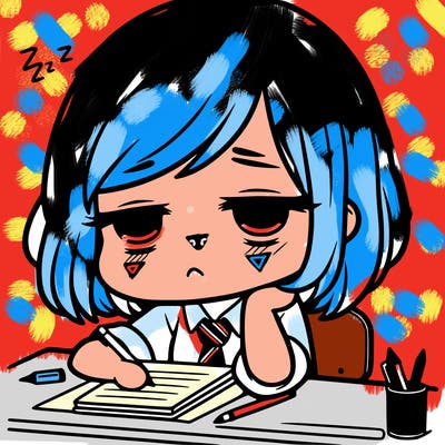 tired chibi girl at a desk