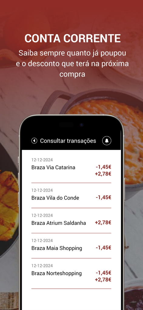 Manda Braza - Manda Braza app screen showing a list of recent dining transactions and cashback rewards.