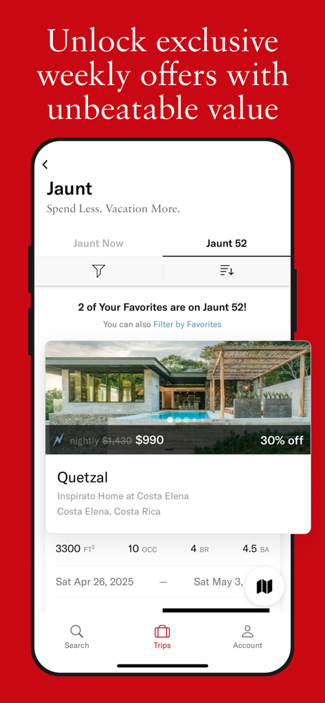 Inspirato app interface displaying exclusive Jaunt travel offers for luxury vacation rentals
