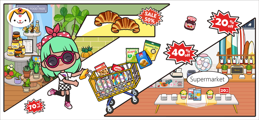 A character pushing a full shopping cart in the Miga Town supermarket with various grocery items and discount signs.