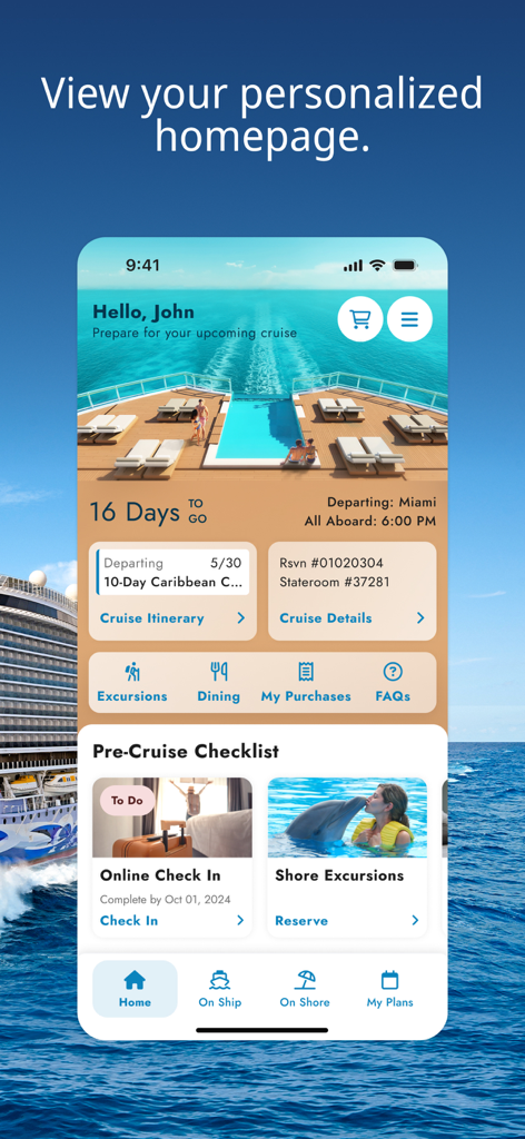 Norwegian Cruise Line - Una captura de pantalla de la aplicación Norwegian Cruise Line que muestra una página de inicio personalizada con una cuenta regresiva del crucero y una lista de verificación previa al crucero.