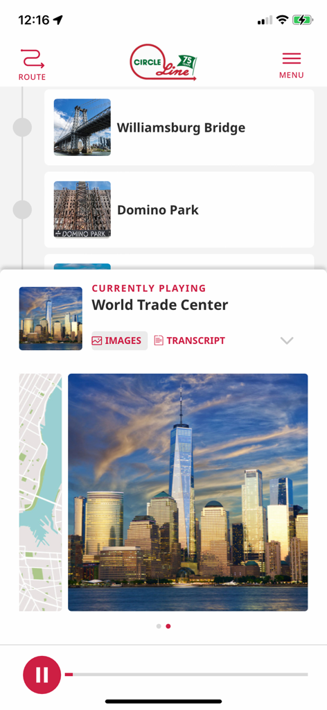 Interfaz de la aplicación móvil Circle Line Sightseeing que muestra un tour de audio para el punto de referencia del World Trade Center en la ciudad de Nueva York