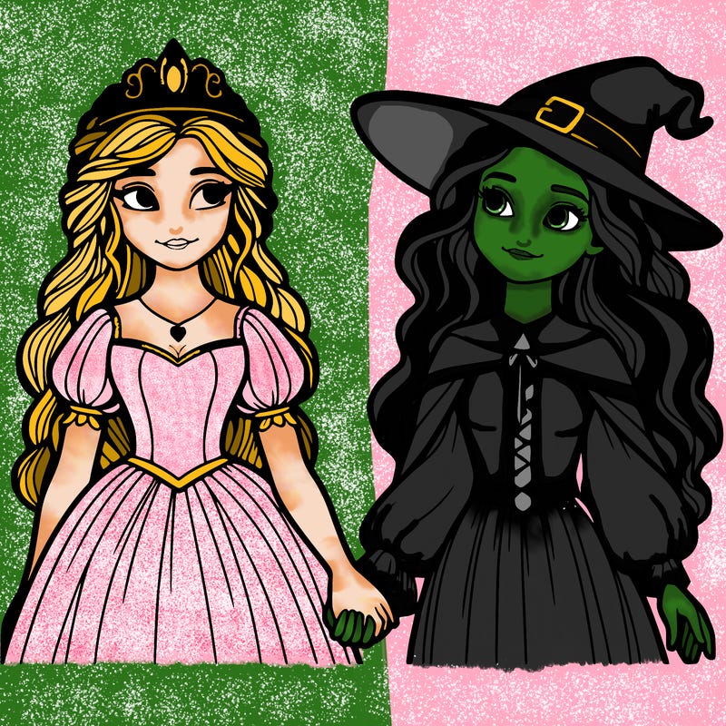 a princess and a witch holding hands realistic