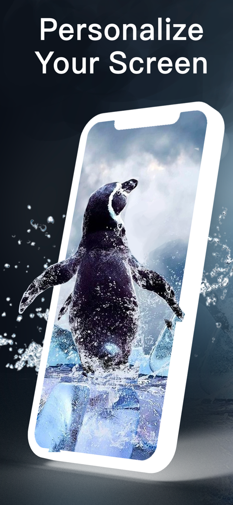 Live Wallpaper 4K: Screen Life - Un iPhone mostrando un fondo de pantalla animado en 4K de un pingüino saltando a través de hielo y agua.