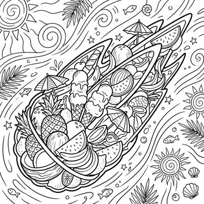 Dive into a unique summer adventure with this Comet Composition coloring page, bursting with tropical fruits, ice cream, and sunny elements. Explore a whimsical cosmic scene that combines celestial wonder with vacation relaxation, perfect for all ages.