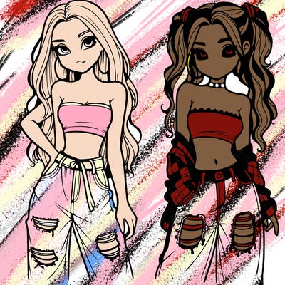 2 girls in crop tops and baggy jeans ripped