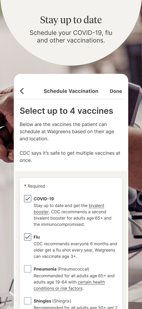Walgreens - Interface of the Walgreens app showing the vaccine scheduling feature with options for COVID-19 and flu shots.
