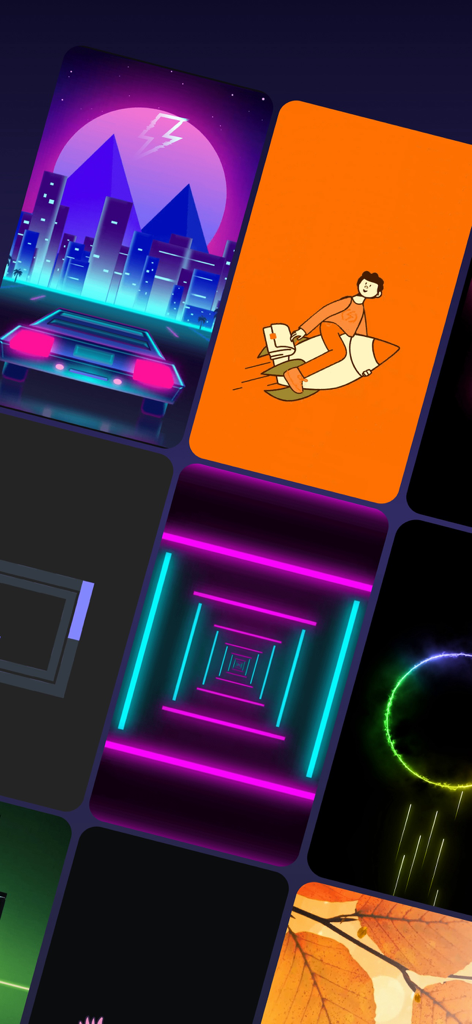 Uma variedade de animações estéticas de carregamento de bateria, incluindo synthwave neon, foguete de desenho animado e efeitos de luz brilhante.