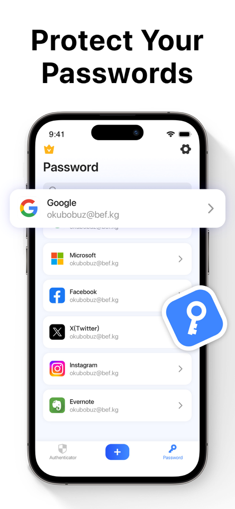 Una pantalla de smartphone que muestra la función de gestor de contraseñas de Authenticator App con una lista de cuentas guardadas de redes sociales y de trabajo.