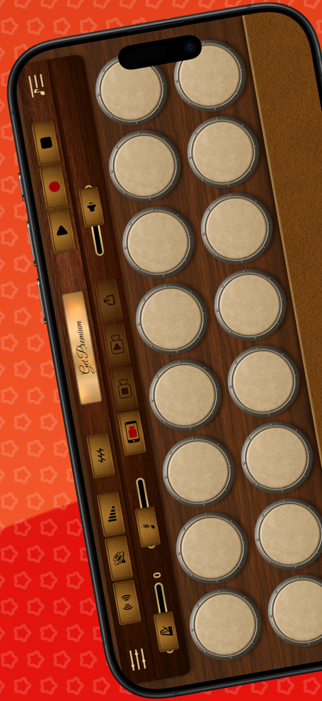 Darbuka - A smartphone screen showing the Darbuka app interface with virtual drum pads and music production controls