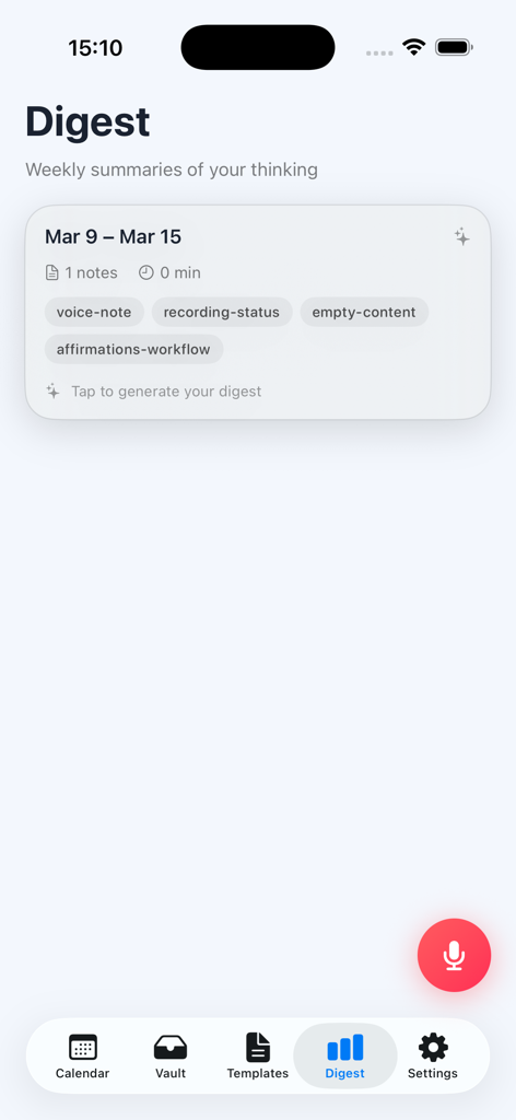 Affirmations - Voicey - 녹음된 음성 메모 및 확언을 정리하는 카드와 함께 주간 요약 화면을 보여주는 Voicey 앱
