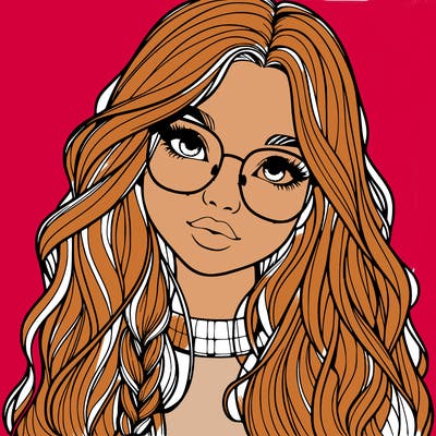 girl with long hair and freckles and glasses realistic
