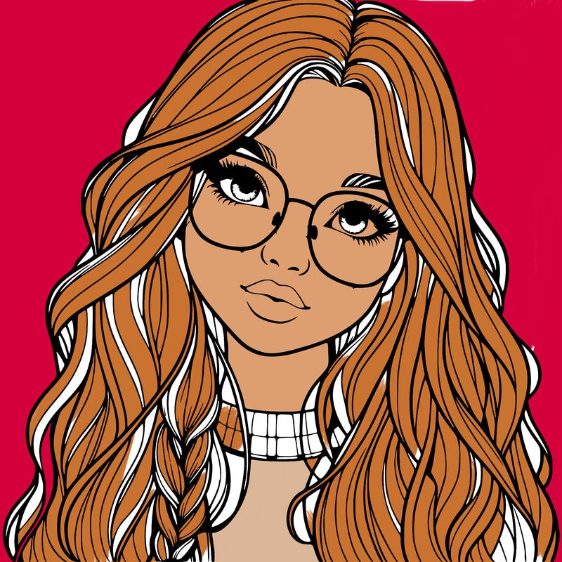girl with long hair and freckles and glasses realistic