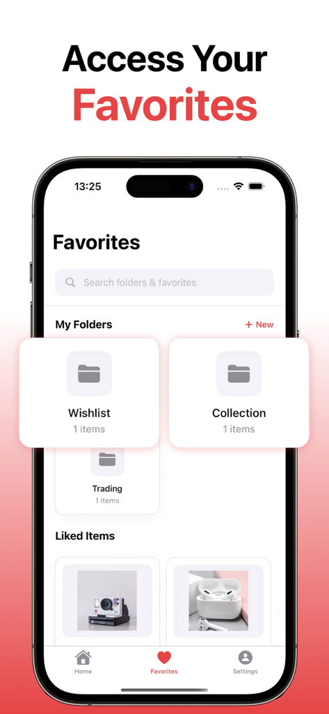 In Stock Alert - In Stock Alert app favorites screen showing custom shopping folders and liked items