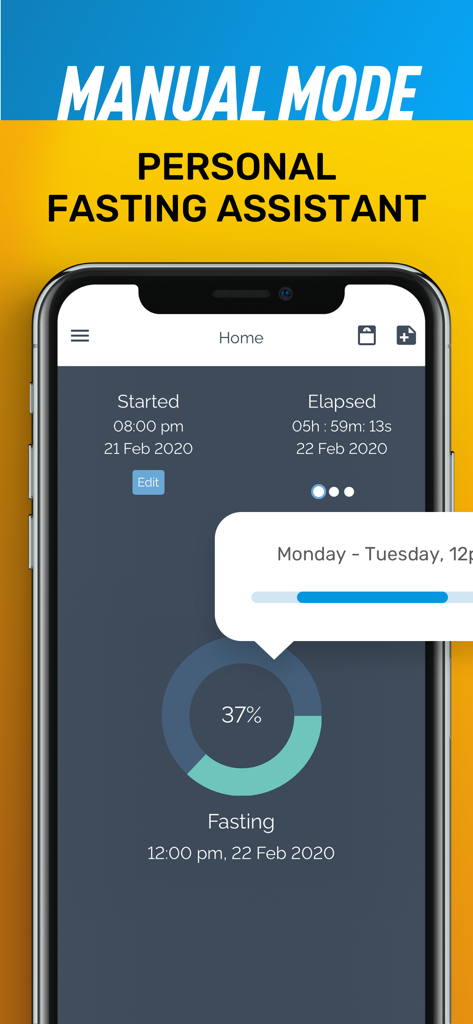 Intermittent Fasting - MyFast - Home screen of the MyFast app showing the manual mode fasting timer with a progress circle and elapsed time.