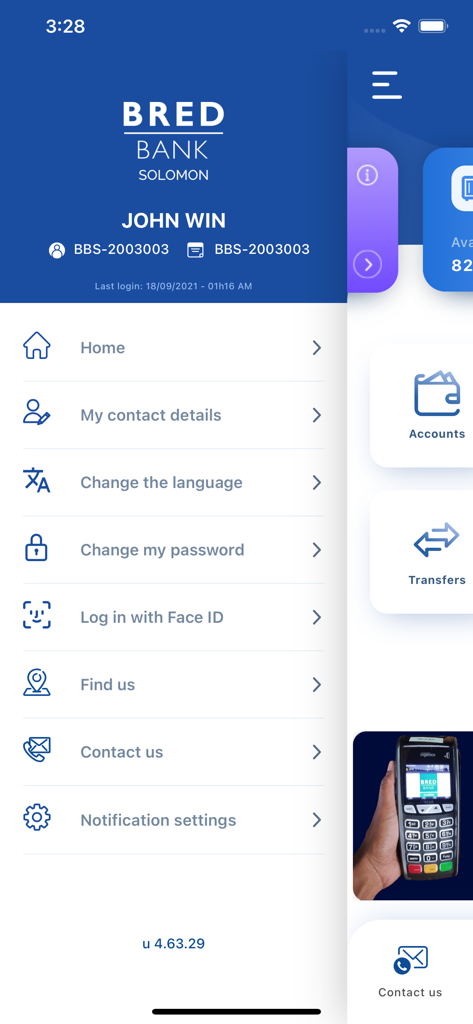 BRED Solomon Connect mobile banking app navigation menu showing account settings and security options