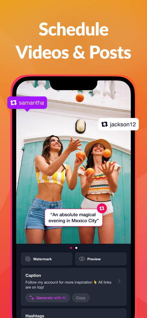 Repost+ for Instagram . - Repost+ for Instagram app interface showing the post scheduling and AI caption generation features