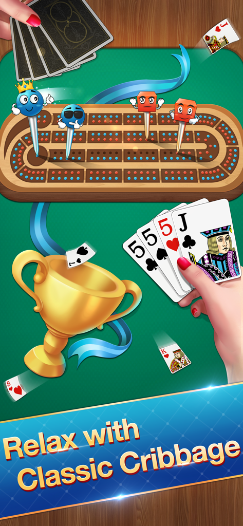 A classic Cribbage card game screen featuring a wooden pegboard and a hand of playing cards