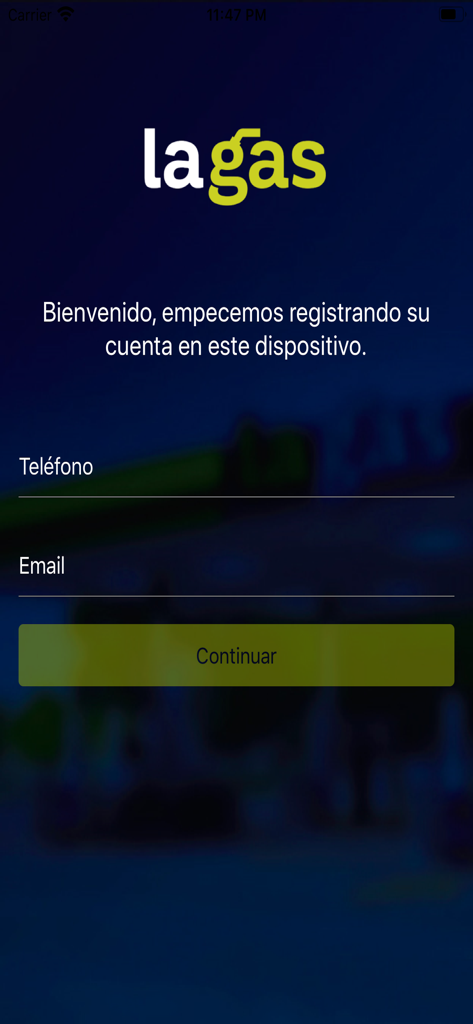 Facturación electrónica La GAS - Pantalla de registro para la aplicación de facturación electrónica La GAS que muestra campos de entrada de teléfono y correo electrónico