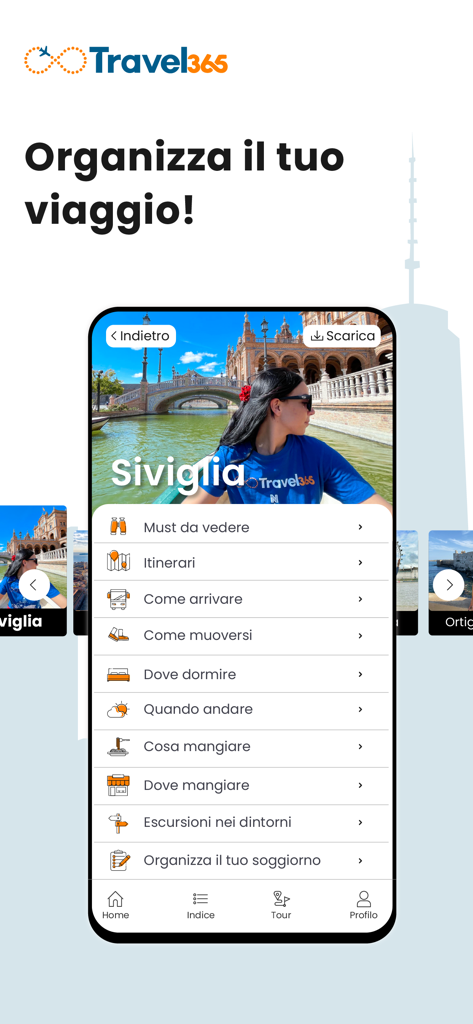 Travel365 - Guide di Viaggio - Travel365 app interface for a Seville travel guide showing menu options for attractions itineraries and dining