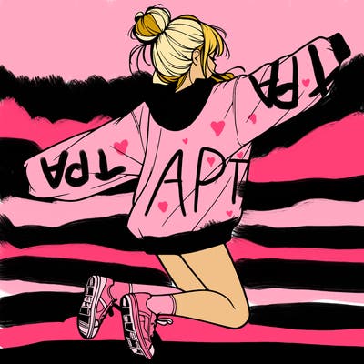 realistic girl jumping with a bun and oversized sweatshirt