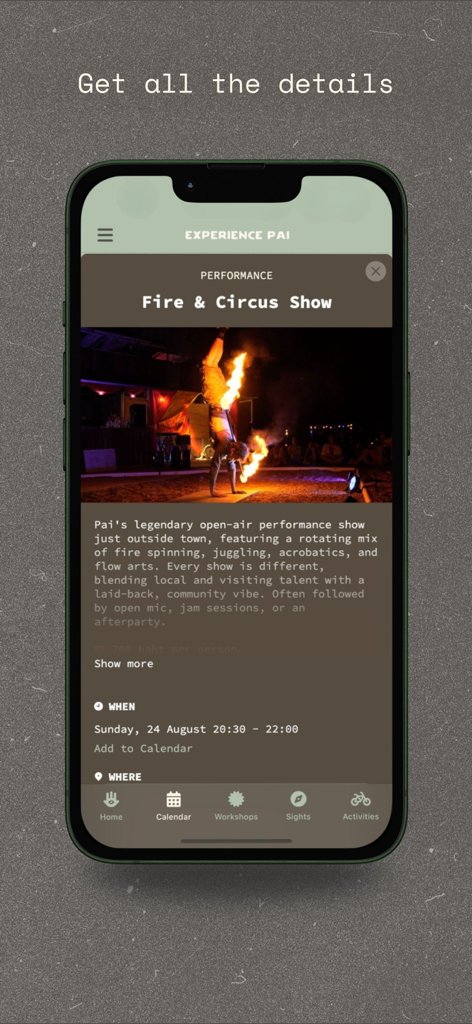 Experience Pai - Experience Pai app interface showing event details for a Fire and Circus Show performance
