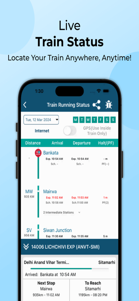 PNR, Live Train Status & Metro - Uma tela de smartphone exibindo o status de funcionamento ao vivo de um trem das Ferrovias Indianas com horários de chegada e partida em tempo real