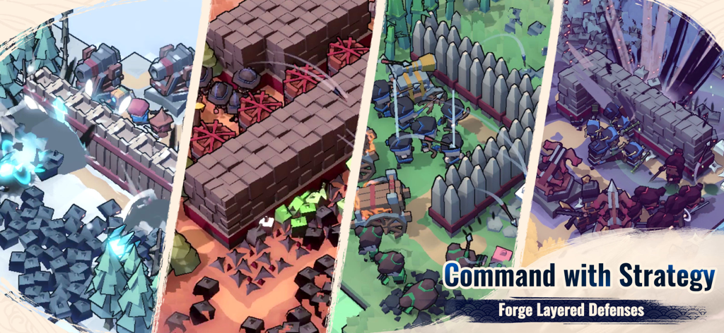 Inkvasion - Un collage montrant quatre différentes dispositions défensives et configurations tactiques dans le jeu 3D en blocs Inkvasion avec le texte 'Commandez avec stratégie'