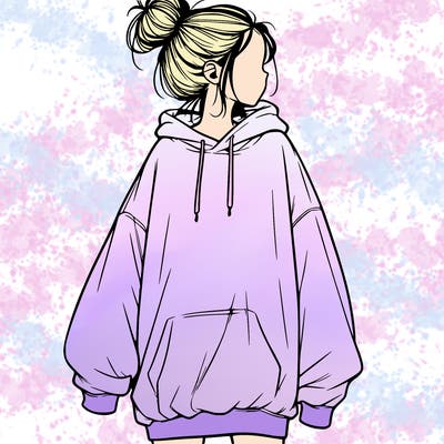 realistic girl with a oversized sweatshirt on and a bun