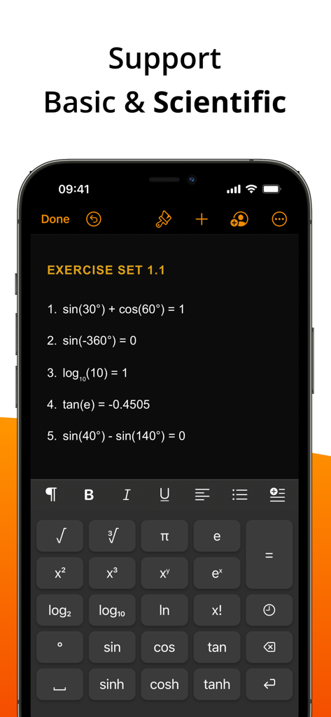 Calculator Keyboard - Calku - Scientific calculator keyboard being used in a note-taking app for math exercises