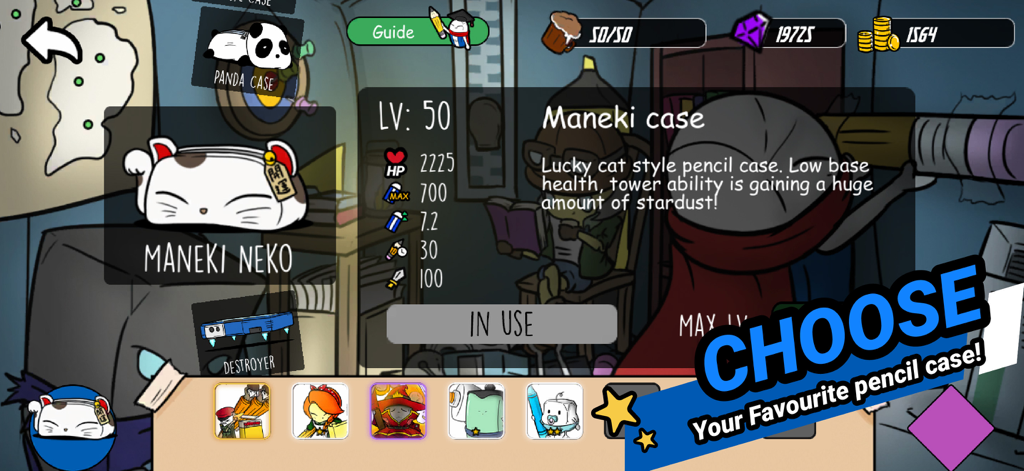 A game screen from Stationery Heroes showing a selection menu for pencil cases with a lucky cat themed Maneki Neko case selected and its stats displayed