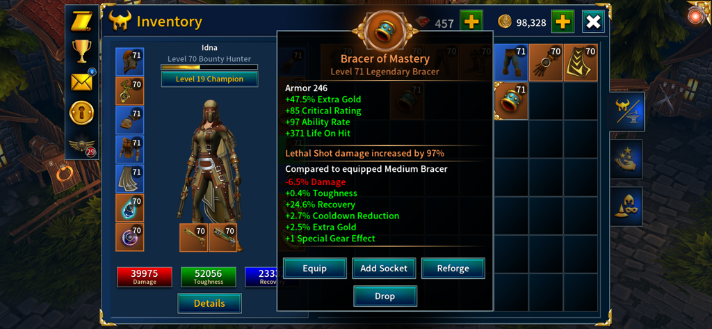 Eternium character inventory screen showing legendary Bracer of Mastery stats for a level seventy Bounty Hunter