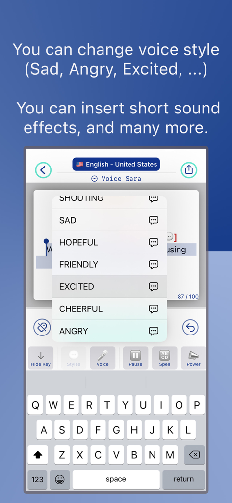 Voice-Over AI | Text To Speech - Voice-Over AIアプリのインターフェース。興奮、フレンドリー、怒りなどの感情的な音声スタイルのオプションが表示されています。