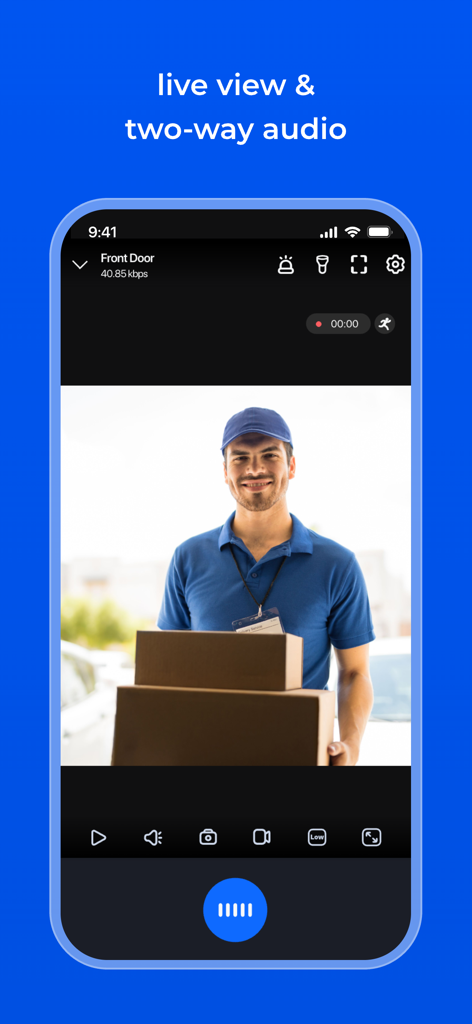 Reolink - Reolink app showing a live security camera feed of a delivery person at a front door with two way audio controls