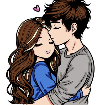 a realistic couple boy and girl hugging and kissing