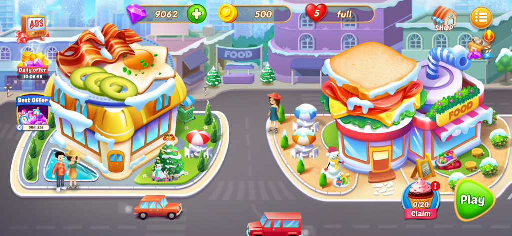 Map view of Cooking Earth Chef Game showing unique food shaped restaurant buildings in a winter setting