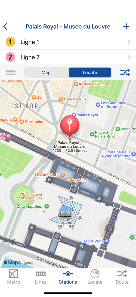Metro Paris - Map & Routes - Interfaccia dell'app Metro Parigi che mostra la posizione della stazione Palais Royal Musee du Louvre su una mappa con le linee della metropolitana disponibili.