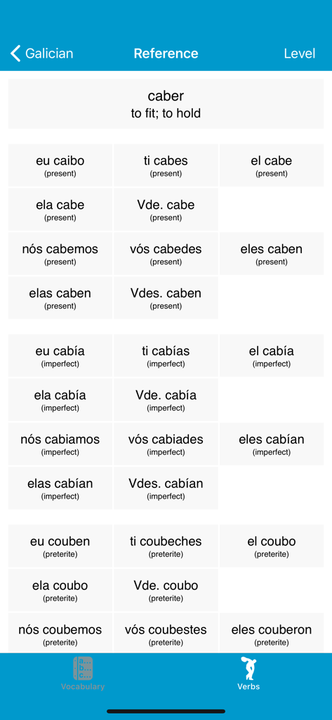 LP Galician - A screen from the LP Galician app showing the conjugation of the verb caber in several tenses