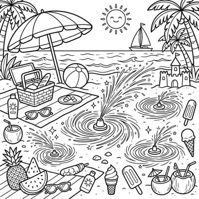 Get ready for a dazzling summer adventure with this exciting coloring page! Enjoy a vibrant beach scene bursting with fun ground spinner fireworks, delicious treats, and classic seaside activities.