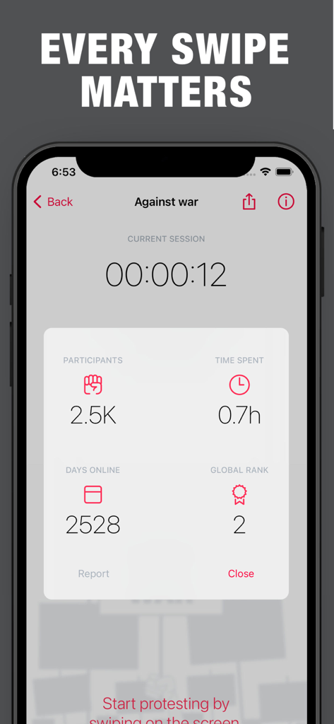 iProtest! - A mobile screen showing digital protest statistics for an anti-war cause including participant count and global rank.