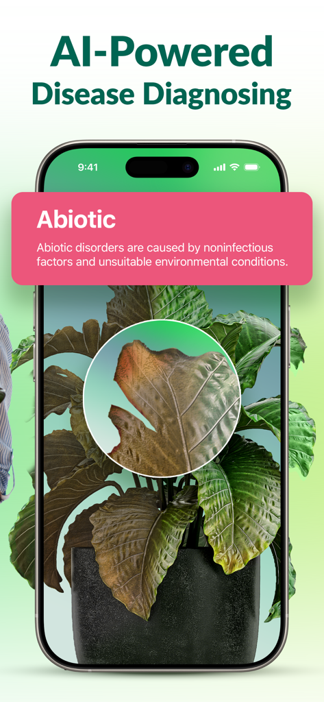 Plantum - AI Plant Identifier - Smartphone mostrando diagnóstico de doenças de plantas com IA para um distúrbio abiótico no aplicativo Plantum