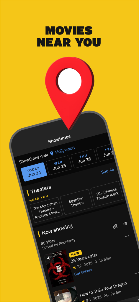IMDb app showing local movie showtimes and theaters near Hollywood.