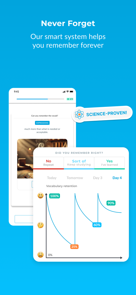 RealLife: Speak, Learn English - Capture d'écran de l'application RealLife English montrant un graphique de rétention de vocabulaire prouvé scientifiquement et un système de cartes mémoire à répétition espacée